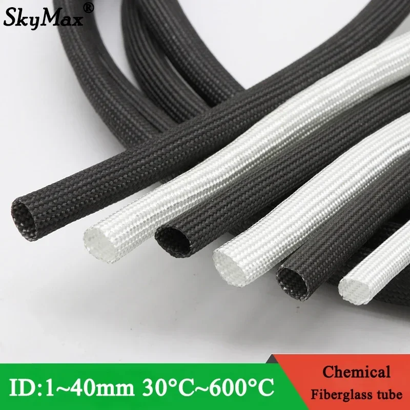 1M ID 1Mm ~ 40 Mm Bện Sợi Thủy Tinh Nữ Tay 600 Deg.C Cao Nhiệt Độ Hóa Học Sợi Thủy Tinh Ống Sợi Thủy Tinh Sleeving Đen Trắng