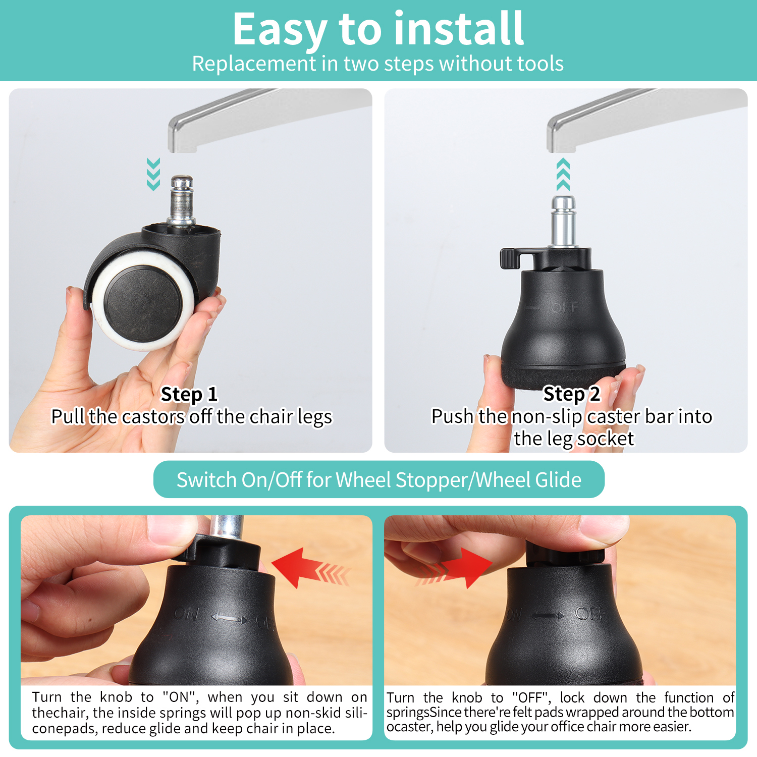 Roulettes pivotantes pour chaise de bureau, 5 pièces, roulettes fixes, cloches de remplacement, patins, pieds de chaise, bouchon de roue