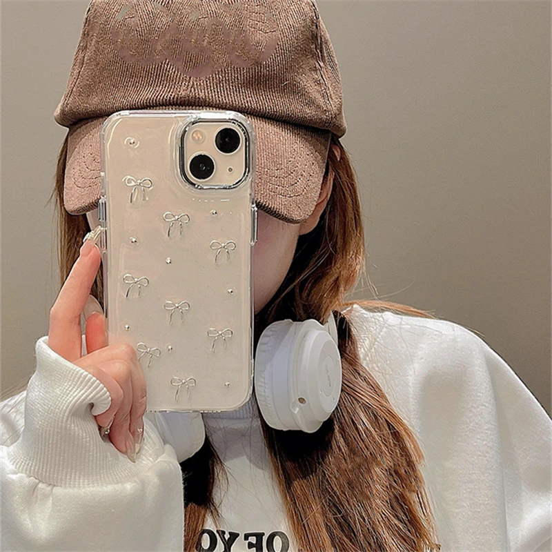 INS Corea brillo 3D cuentas de lazo plateado funda de teléfono para iPhone 16 15 14 13 12 11 Pro Max 7 8 Plus X XS carcasa epoxi chica cubierta transparente