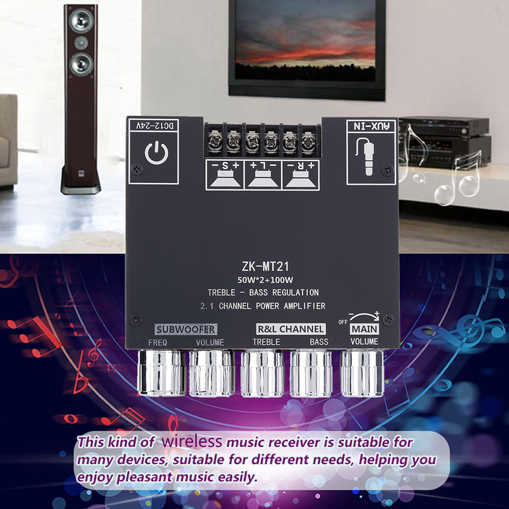 ZK-MT21 Digital Power Amplifier Board 2x50W+100W 2.1 Channel Subwoofer AUX 12V 24V Audio Stereo Bluetooth 5.0 Bass Amp for Home