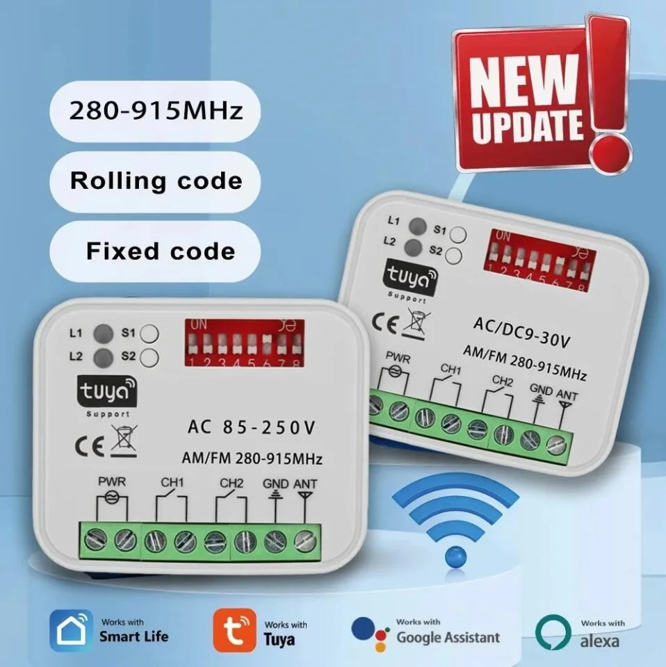 Receptor de puerta de garaje Tuya WiFi, receptor Universal de puerta de 2 canales, multifrecuencia para interruptor de Control remoto de 300-900MHz, 9-30V, 85-250V