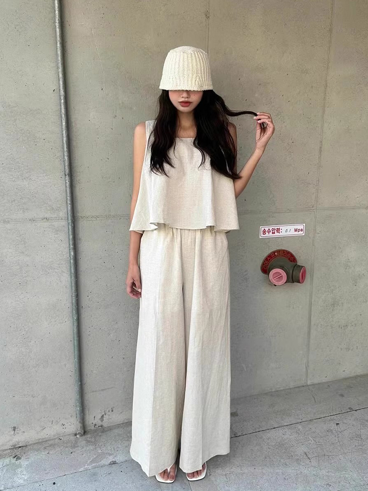 シックな夏のヴィンテージルーズ多用途スクエアカラートップ + ハイウエストカジュアルパンツ 2 点セット若い女性のための 18-25 歳