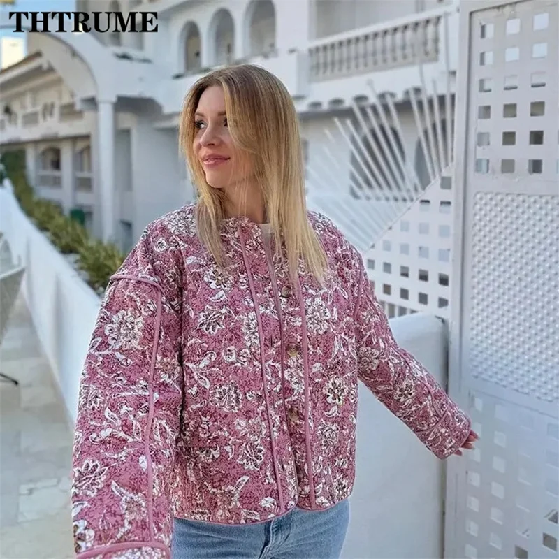 Mulheres elegantes floral impressão jaqueta moda manga longa vintage outono inverno casacos quentes casual comunte o-pescoço chique casaco acolchoado