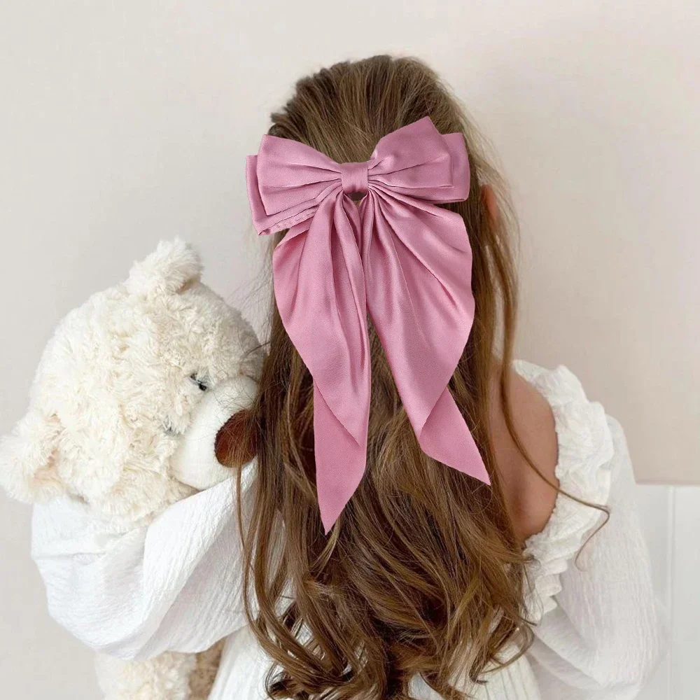Meninas longo grande arco flutuador clipes de cetim volta cabeça grampo de cabelo internet vermelho com o mesmo temperamento elegante acessórios para o cabelo presentes