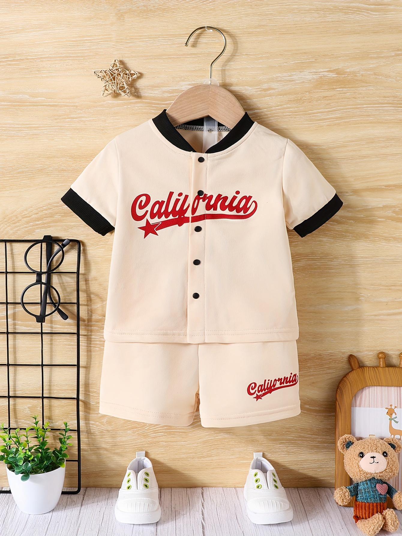 Cardigan da baseball a maniche corte con tendenza estiva da neonato in 2 pezzi + pantaloncini casual Sport all'aria aperta Comodo abito alla moda