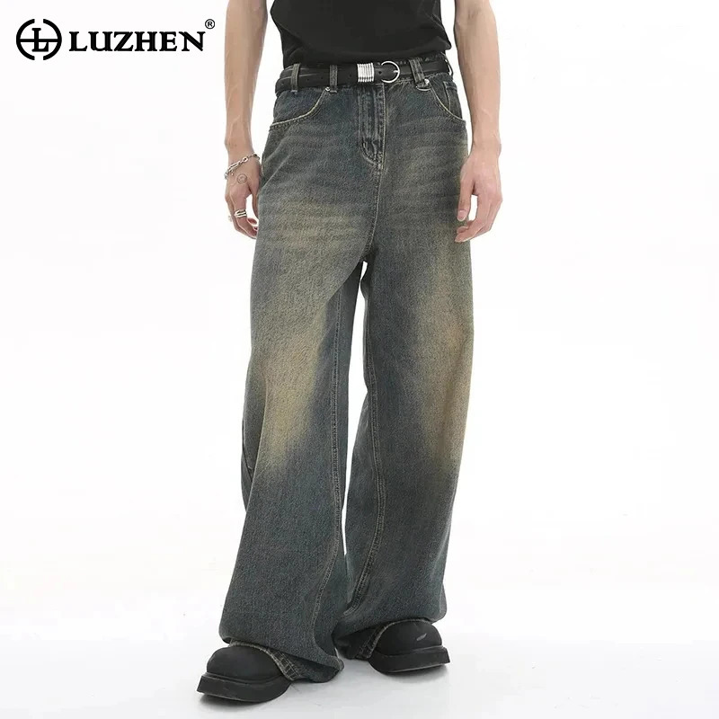 LUZHEN, pantalones viejos para hombre, pantalones vaqueros lavados azules de primavera para hombre, pantalones vaqueros rectos informales para hombre, pantalones sueltos de pierna ancha, nueva moda 2025 9C354