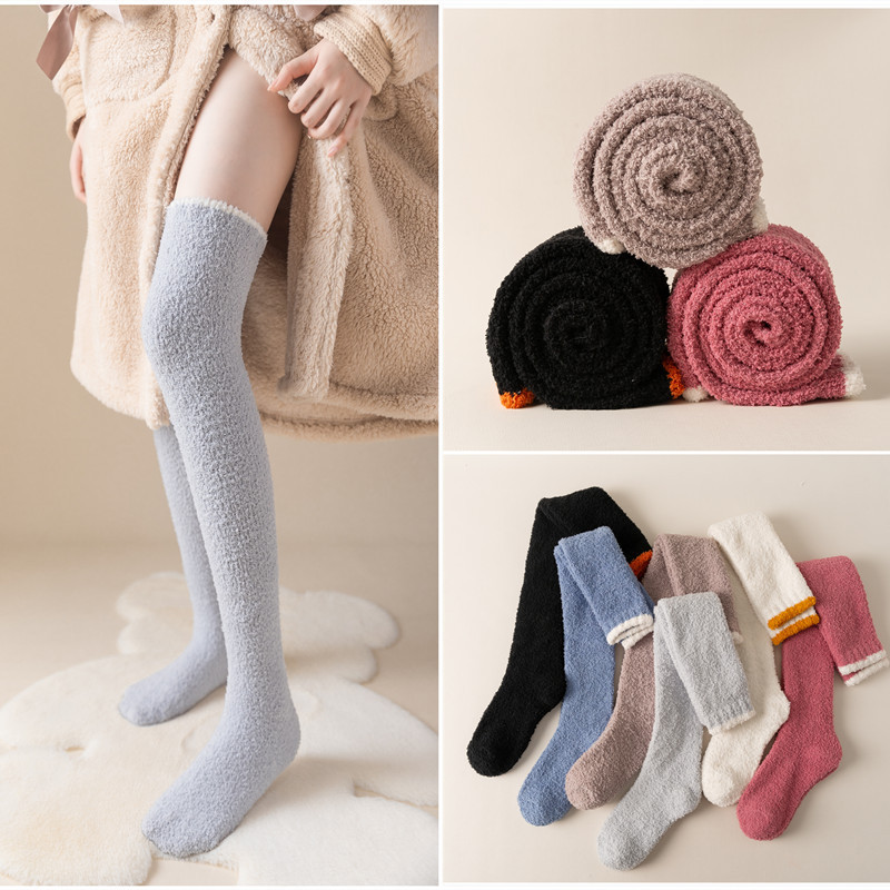 1 par feminino quente de pelúcia coxa meias altas inverno coral velo sobre o joelho meias longas para casa sono ue 35-40 cores sólidas