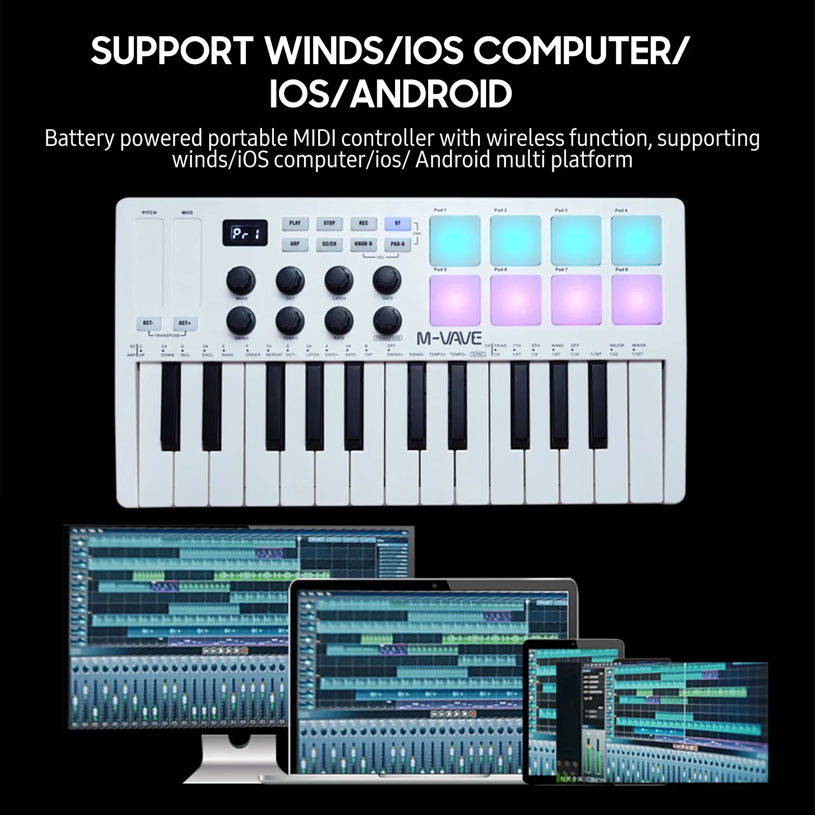 M-VAVE 25-Key MIDI Controller Keyboard Mini Portable USB Keyboard Piano MIDI Keyboard Controller 8 RGB Backlit Pads 8 Knobs