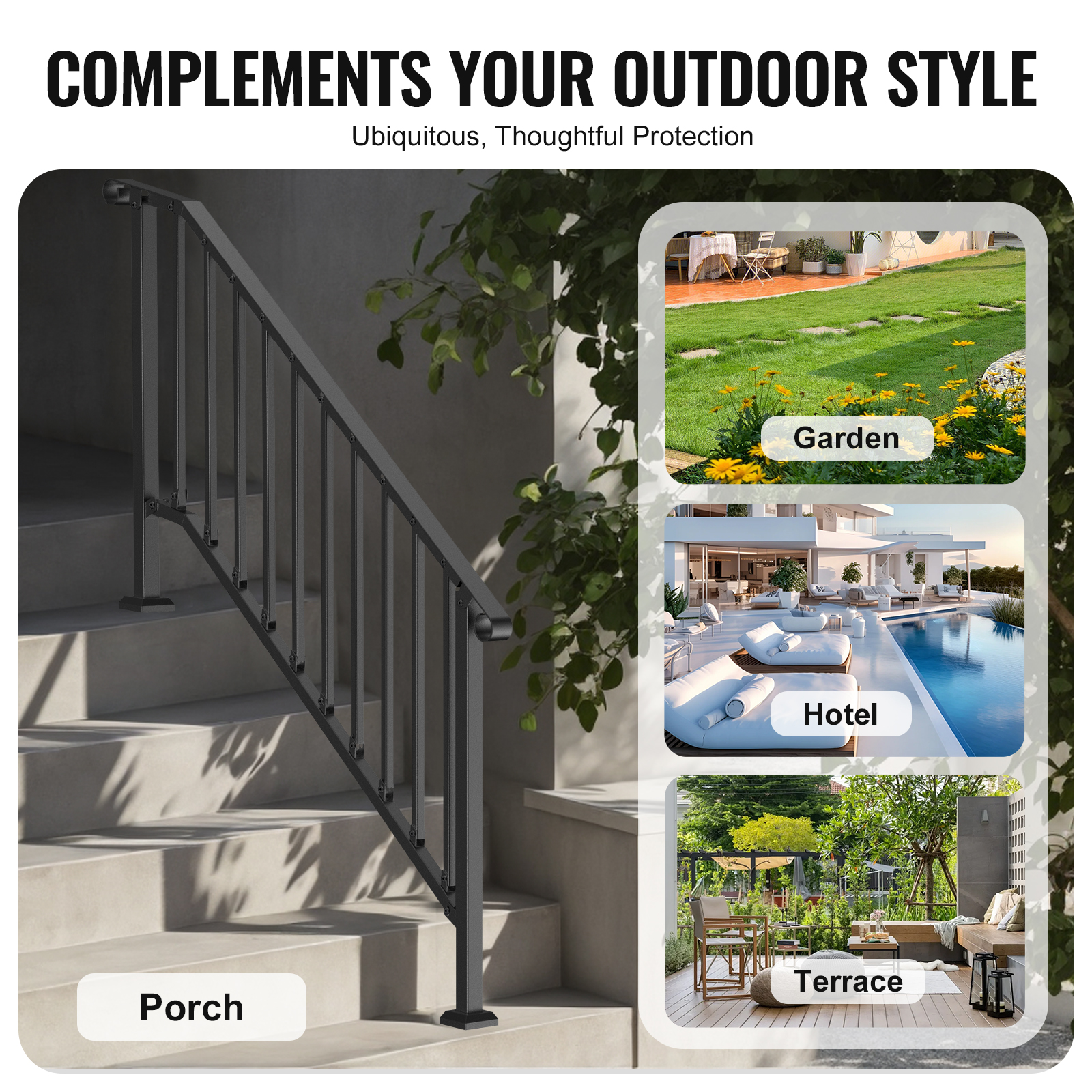 SucceBuy Handrails for Outdoor Steps 5 Step Stair Hand Rail Kit for Seniors Concrete Steps & Porch & Deck Black Retro Arch