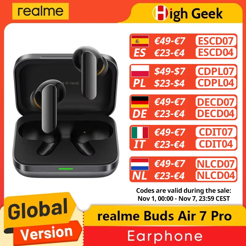 Globale Version realme Buds Air 7 Pro Wireless Earphone 53dB Echtzeit-Geräuschunterdrückung 11+6mm Dual-DAC-Treiber Al Live Translator