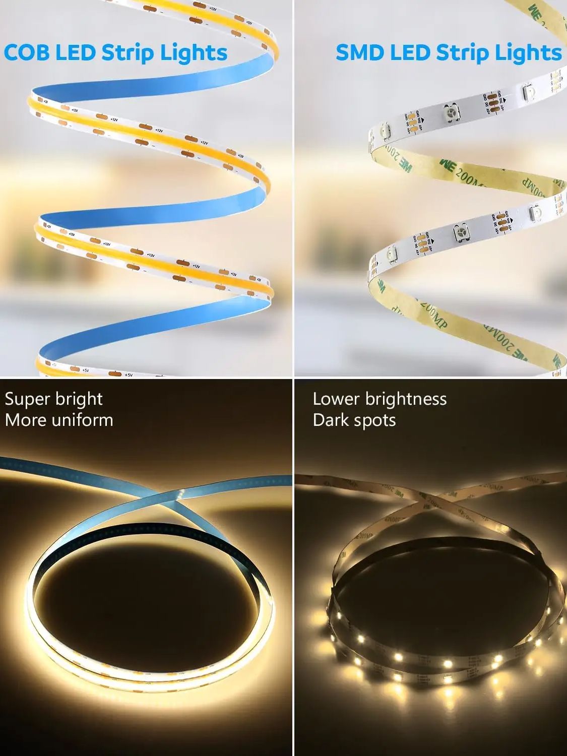 COB LED strip lamp 5V 5M high-density flexible LED tape, touch dimming, cabinet kitchen room decoration.