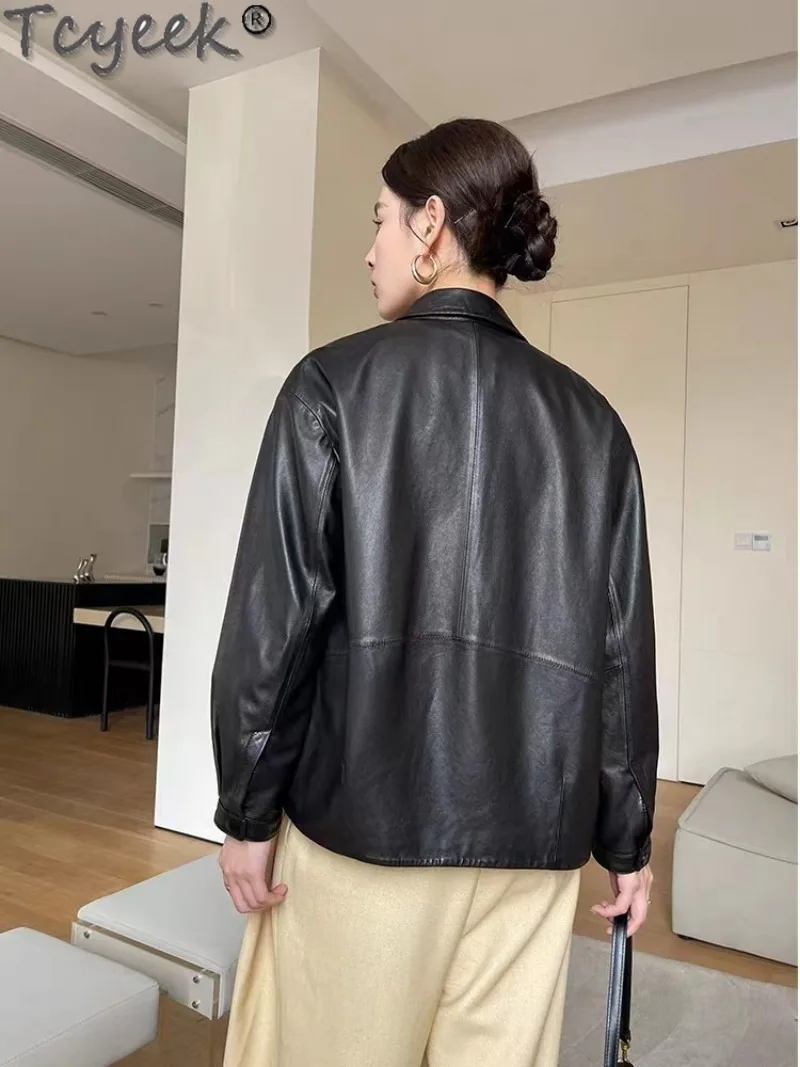 Tcyeek Echt lederjacke Frauen Herbst Echt Schaffell Mäntel Schwarz Ledermantel Damen bekleidung Loose Fit Jaqueta de Couro