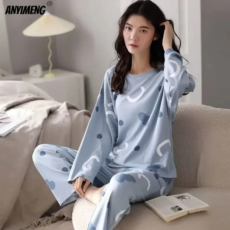 M-5XL ビッグサイズ秋春パジャマセット女性のためのかわいい印刷パジャマ女の子のファッション長袖 O ネック女性のパジャマ