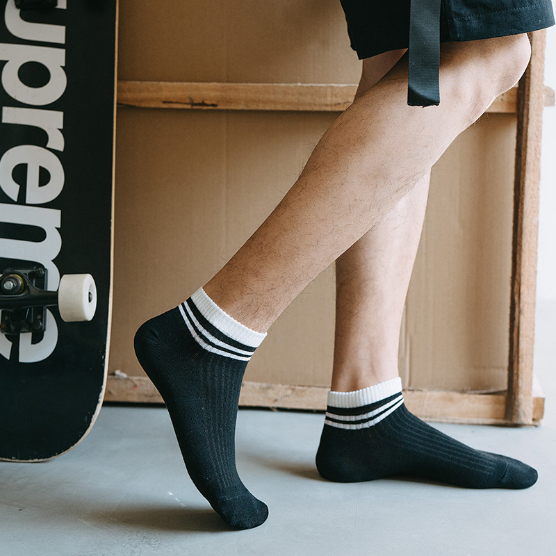 5 pares esportes respirável baixo corte barco meias primavera verão algodão listrado esportes coreano estilo preppy meias masculinas