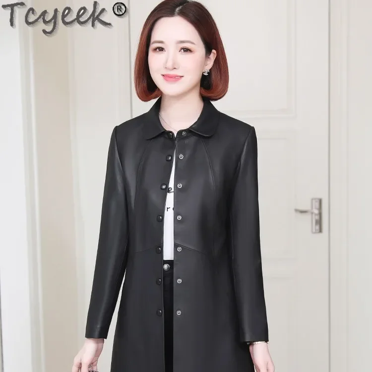 Tcyeek-女性用本革ジャケット,ミドル丈コート,シープスキンジャケット100% 枚,春秋服