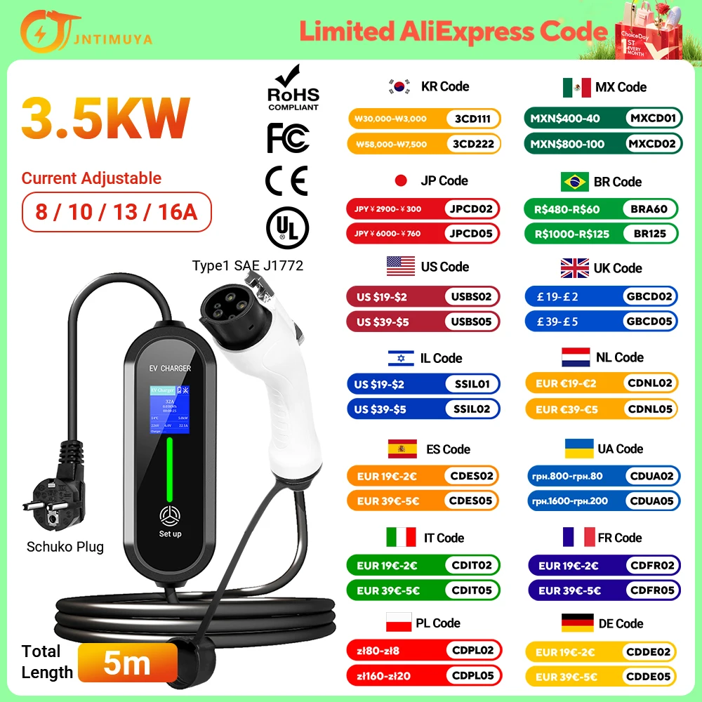 JNTIMUYA Portable EV Charger Type2 IEC62196-2 16A EVSE Fast Charging Cable Type1 SAEJ1772 Wallbox 3.5KW GBT Electric Car Charger