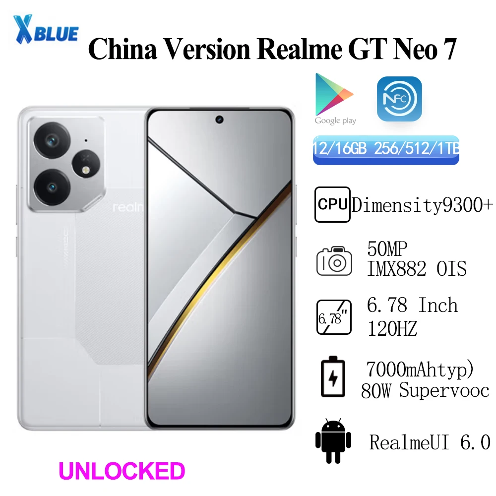 Original Realme GT NEO 7 โทรศัพท์มือถือแบตเตอรี่ 7000mAh ขนาด 9300 + 50.0MP กล้อง 6.78 "OLED 120HZ 80W Android 15.0