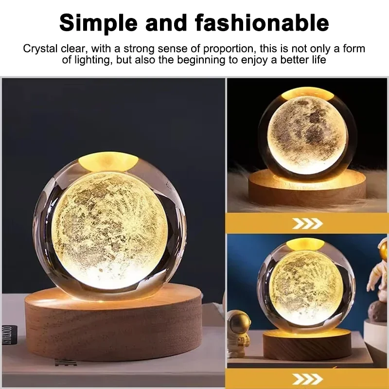 6cm 3D 행성 크리스탈 공 LED USB 밤 빛 태양계 갤럭시 테이블 램프 빛나는 달 구 침실 장식 선물