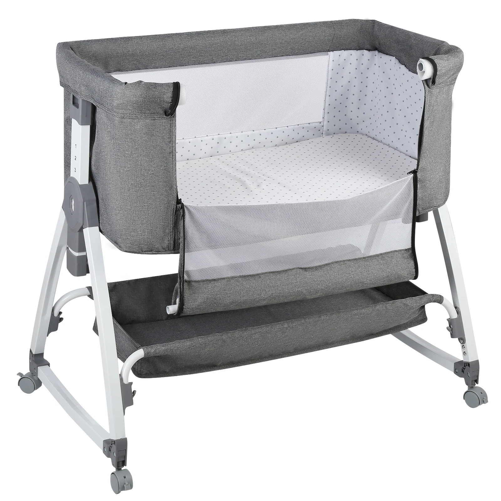 Cama de bebê 4 em 1, berço portátil, berço multifuncional e mesa de troca, colchão, rede, cesta de armazenamento, altura ajustável