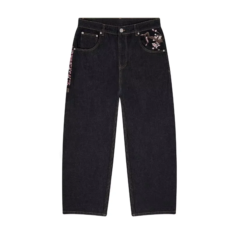 Y2K Harajuku jeans gótico vintage flor de ciruelo bordado patrón pantalones de pierna ancha hombres mujeres tela vaquera estilo americano ropa de calle