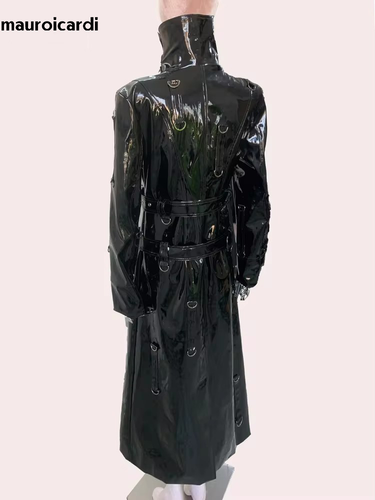 Mauroicardi Herbst Lange Rot Glänzend Reflektierende Patent Pu Leder Mantel Frauen Doppel Gürtel Luxus Designer Y2K Punk Stil Kleidung