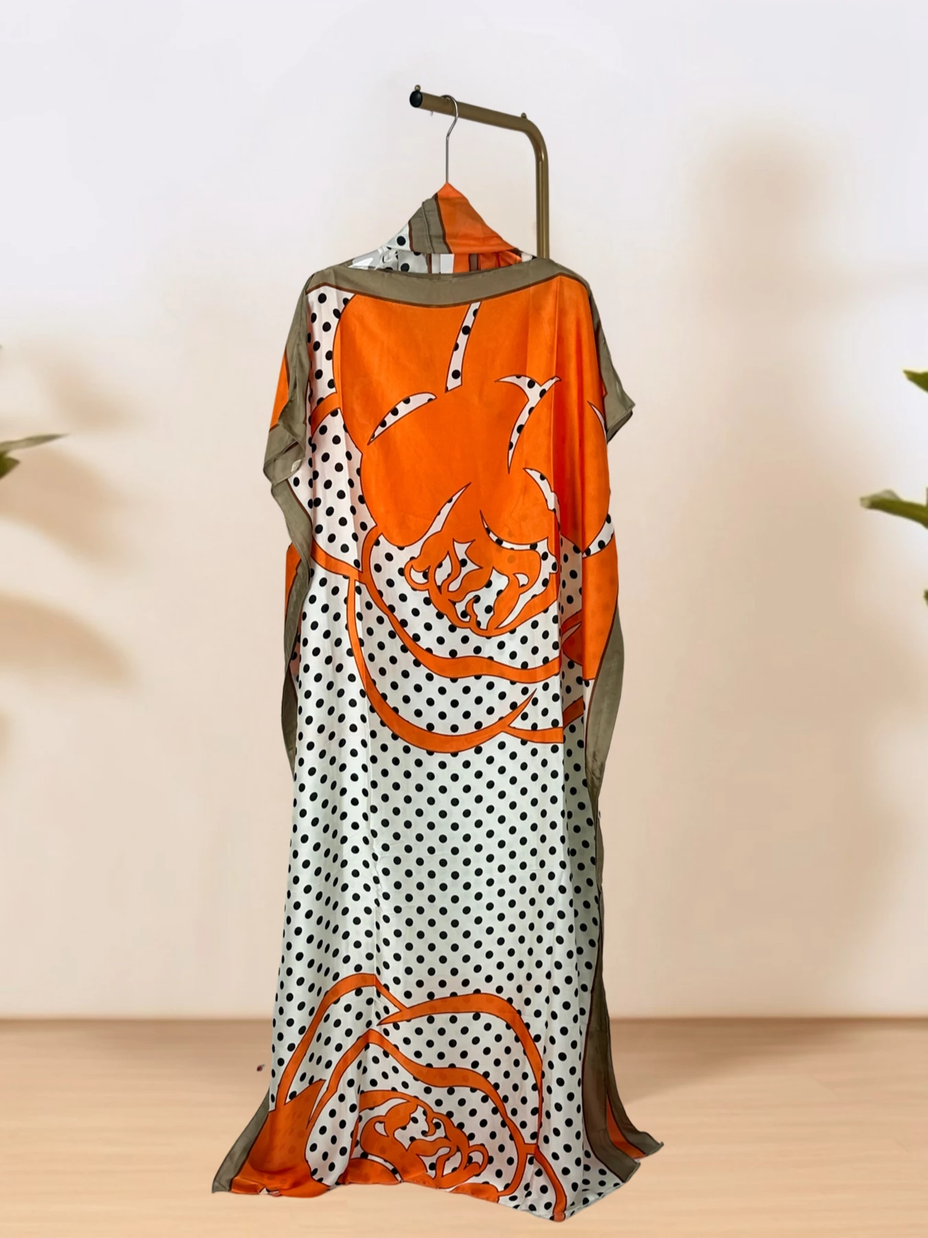 Vestido kaftan com gola redonda, vestido elegante com manga morcego e lenço, roupas femininas