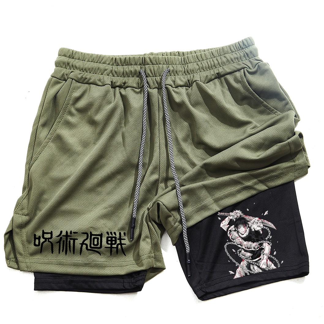 Pantalones cortos deportivos con estampado de Toji para hombre, Shorts deportivos informales de entrenamiento, malla para correr, 2 en 1