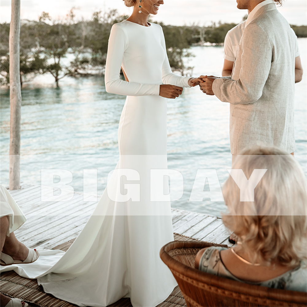 Abiti da sposa eleganti a sirena Manica lunga O-Collo Aperto sul retro Bottone semplice Abito da sposa in raso Treno Abiti da Noiva Personalizzato