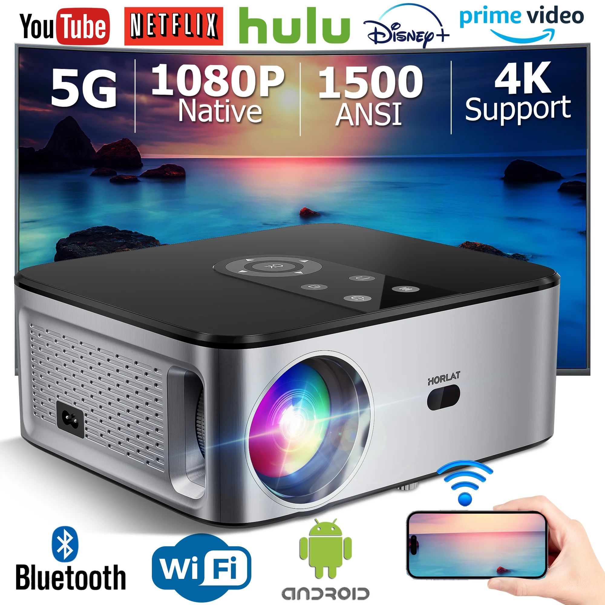HORLAT T3N 1500Ansi lúmenes Android 4K Proyector LED Full HD 1080P Video 8K Cine en casa Auto Keystone 5G WiFi Proyector portátil