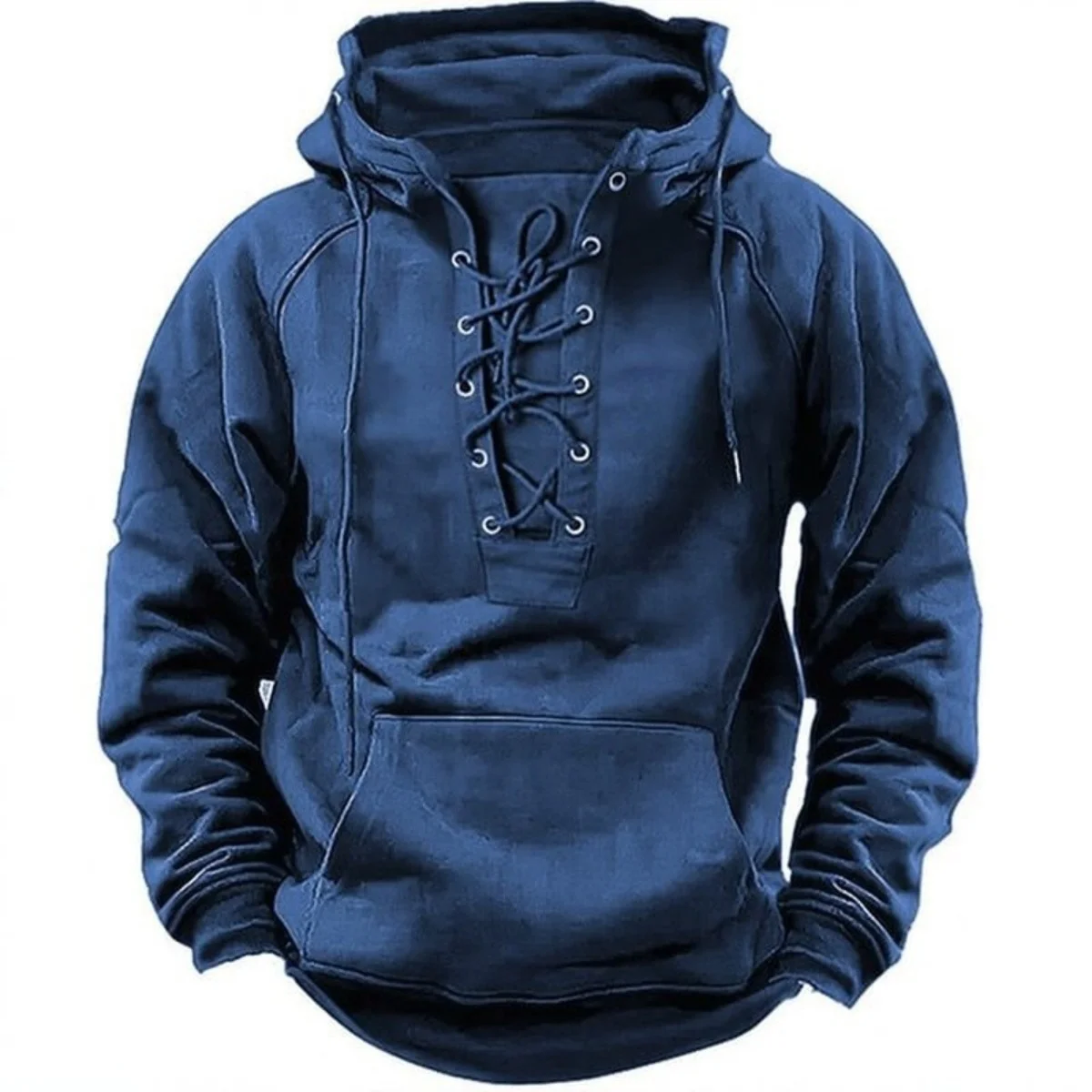 2025 Jaqueta casual masculina outono inverno ao ar livre: retrô com cadarço, ajuste solto, moletom com capuz de manga comprida de cor pura