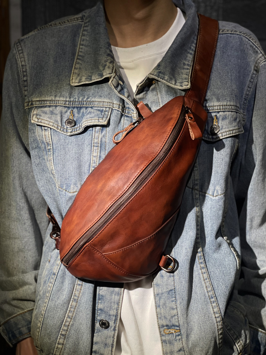 New Handmade Vegetable Tanned Cowhide Casual Crossbody Bag Top Layer Cowhide Single Shoulder Bag Hand Rubbed Color Leather Wa...