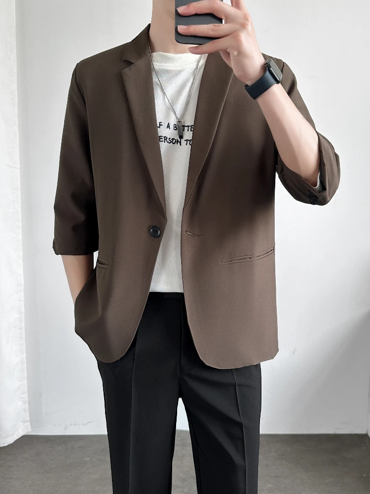 Slim Fit Men's Suit Jaet Seven Sve Casual Lightweight ort Sve Korean Sle Faionable Summer Thin Five Sve Wester