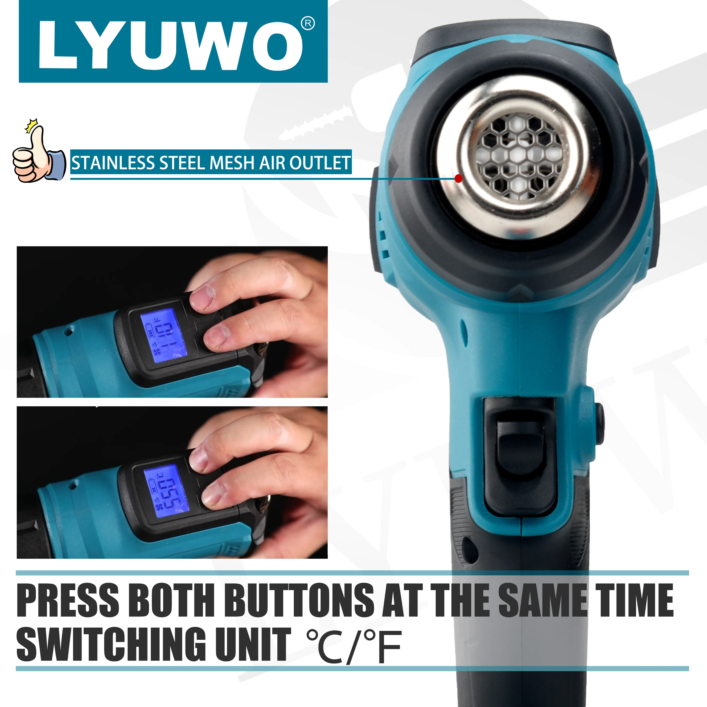LYUWO 18V Heat Gun Shrink Wrapping Tool Hot Air Gun Air Dryer Soldering Thermal Blower with LED display, Tool only, No battery