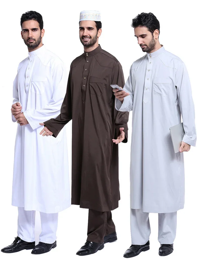 Dubai Arabischer Islam Muslimische Männer Jubba Thobe Kleidungssets Lange Robe 2-teiliges Set Tops und Hosen Saudi Musulman Ensembles Wear Sets