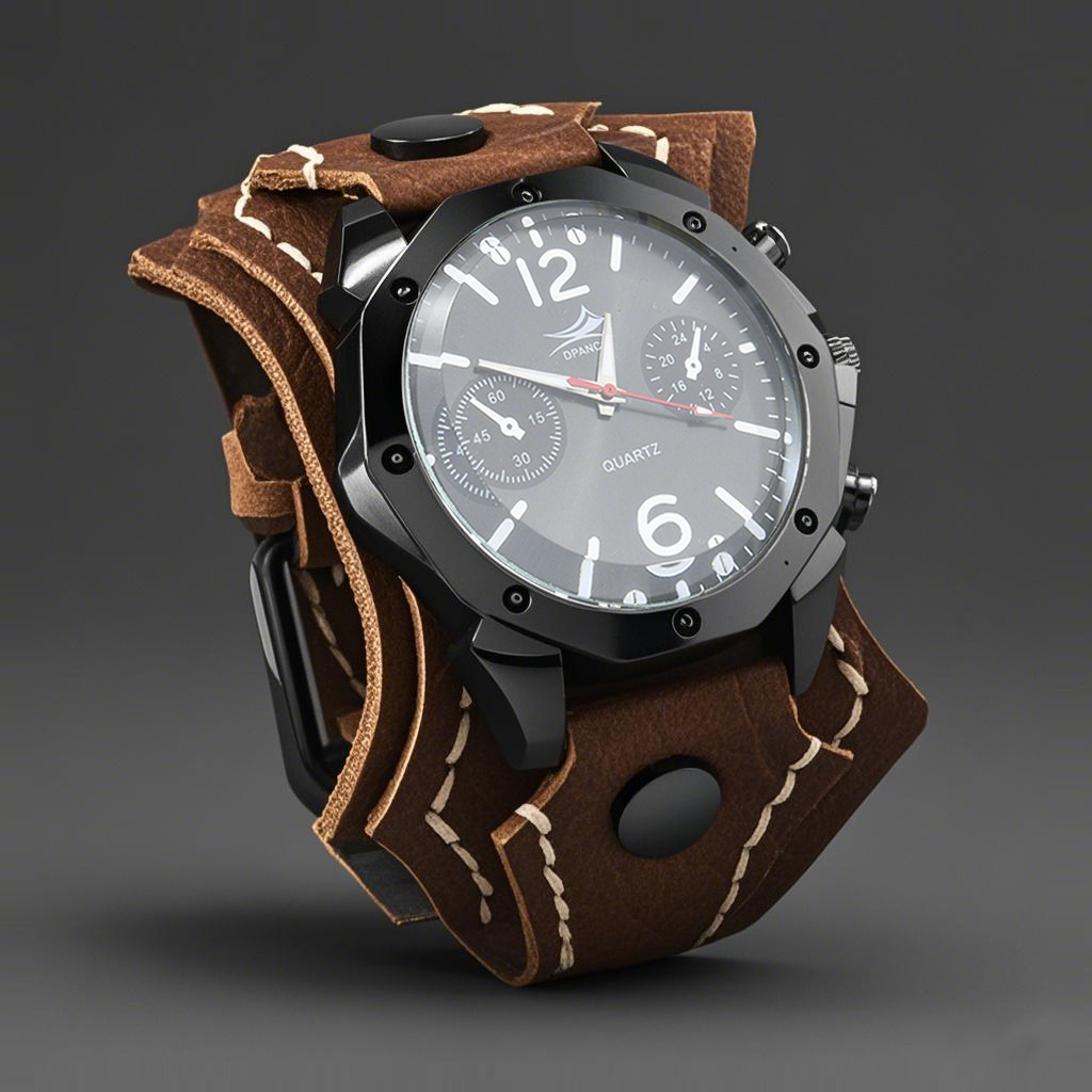 Relógio masculino de quartzo com mostrador grande estilo punk rock vintage multicamadas costurado à mão com pulseira de couro