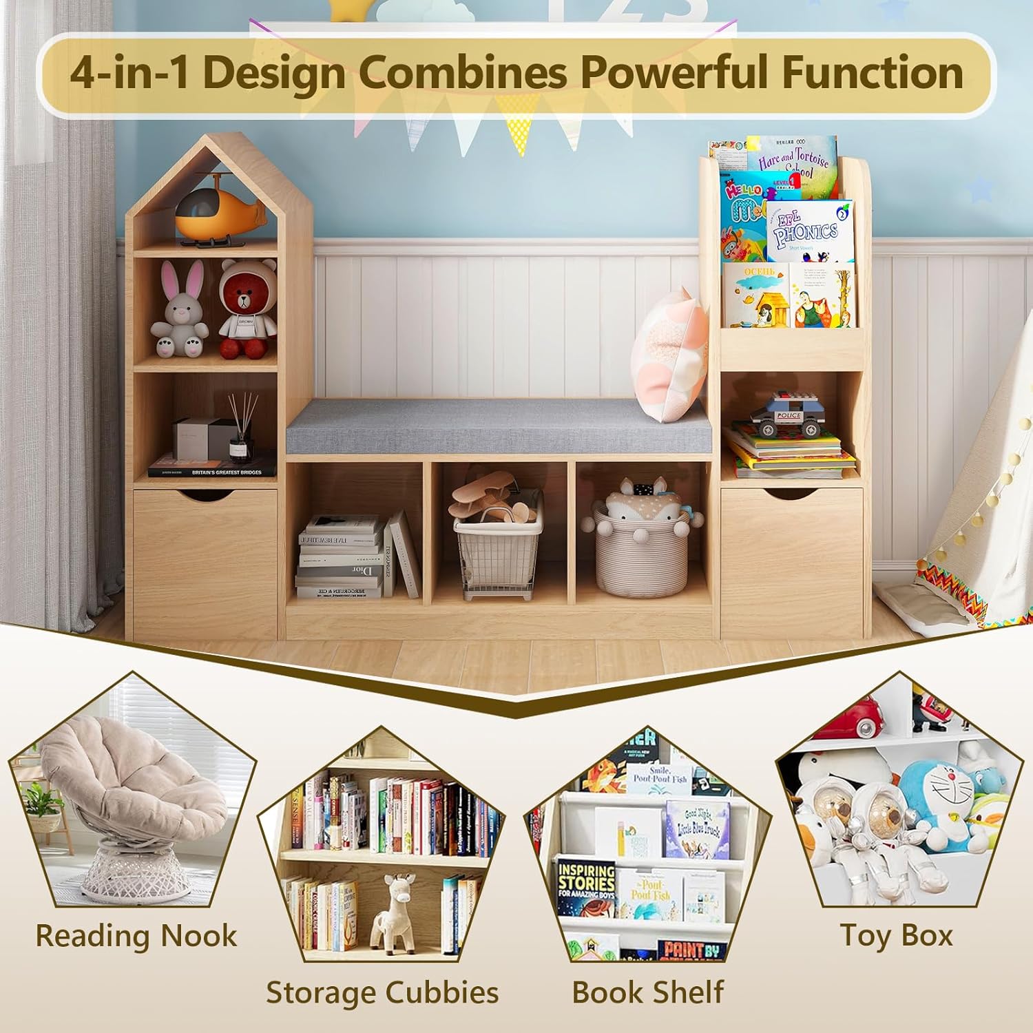 Kids Bookcase and Bookshelf with Reading Nook, Oak Bookcase with 7 Storage Cubbies 2 Movable Drawers, Bookcase with Seat