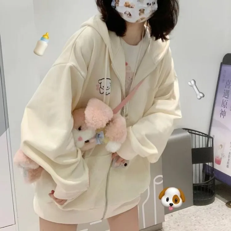 ญี่ปุ่น Kawaii Zip Up Hoodies ผู้หญิงสาวหวาน Star กราฟิกเย็บปักถักร้อย Hooded Sweatshirts Kpop น่ารักสบายๆหญิง