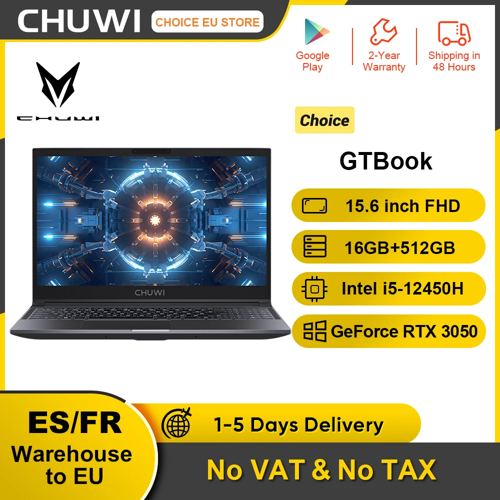 CHUWI GTBook Laptop Intel i5-12450H RTX 3050 15.6 pollici 144Hz 16GB DDR4 512GB SSD Windows 11 Pro WIFI 6 M.2 fino a 1T RJ45*1