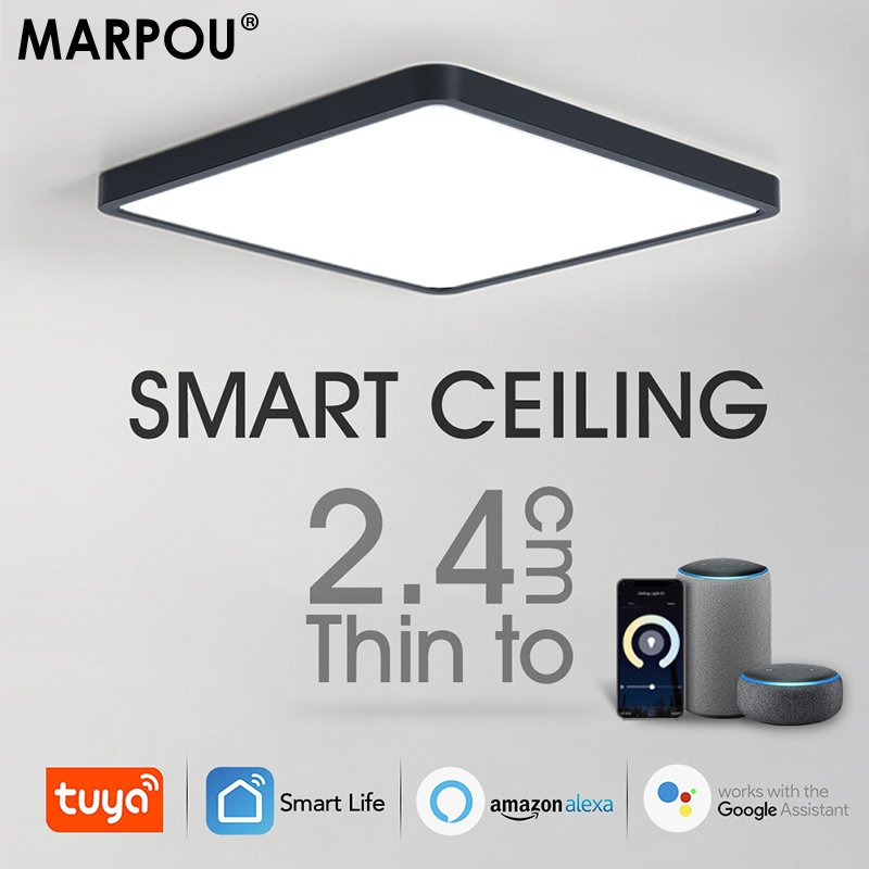 MARPOU Tuya Smart LED Deckenleuchte Holzmaserung App Sprachsteuerung Alexa/Google Fernbedienung Quadratische Deckenleuchten Wohnzimmer