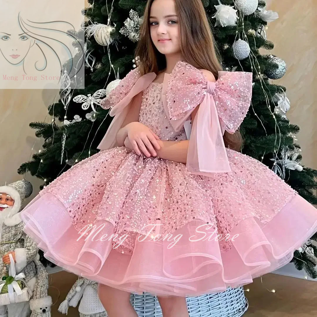 Vestido de champanhe com arco de glitter para casamento, vestido bonito do bebê Pageant, princesa, primeira comunhão, vestidos de baile, brilhando