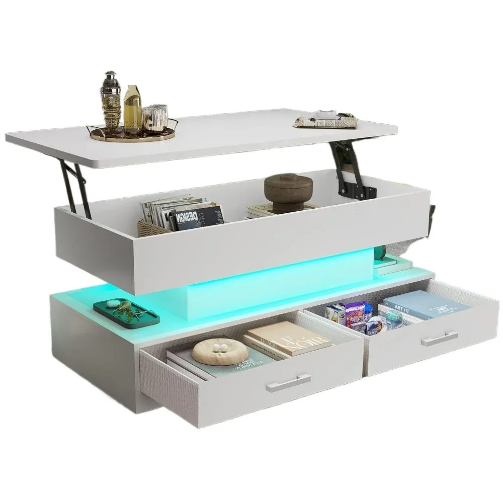 Anpassbarer Couchtisch mit Hubplatte, Couchtische mit Stauraum für Wohnzimmer, kleiner Couchtisch mit 2 Stoffschubladen und LED-L