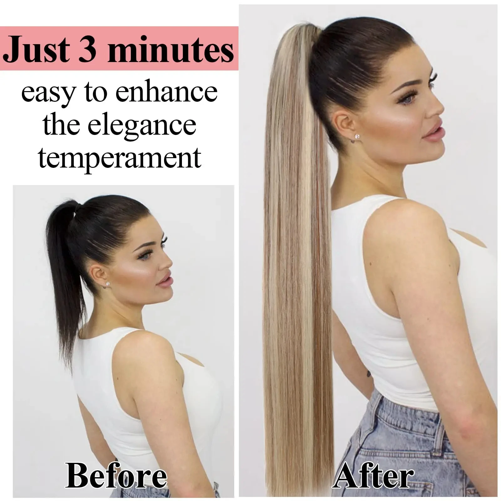 Resaltar cola de caballo larga rubia 120G Clip en extensiones de cabello Clip recto con cordón en extensiones de cabello humano 100% Real # P8/613
