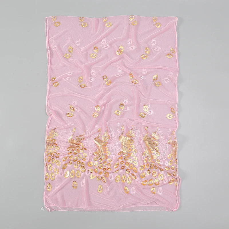 Feminino glitter fino silenciador cor sólida elegante hijab cachecol chiffon longo cachecóis ouro pavão impressão envoltório xale georgette cachecol