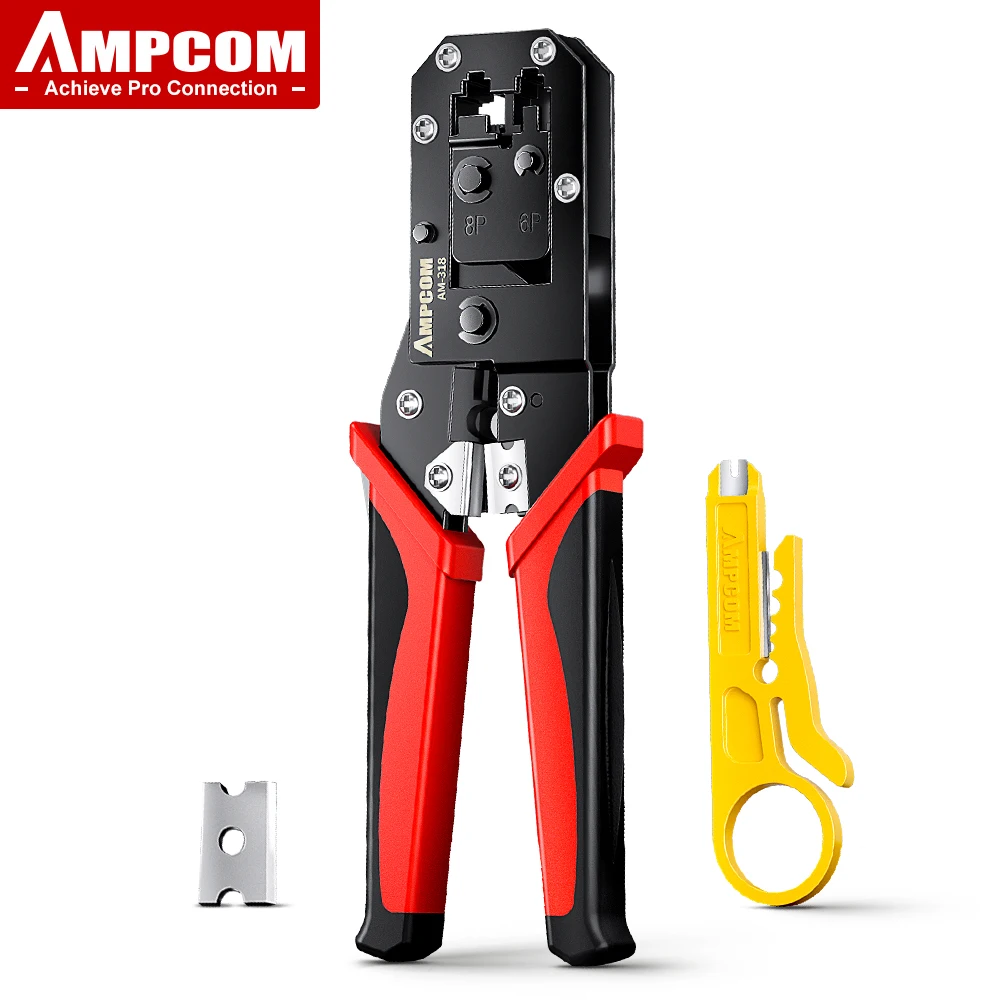 Инструмент для обжима AMPCOM RJ45, обжимной инструмент для сетевого кабеля Ethernet, резак для зачистки, плоскогубцы 8P RJ45 6P RJ12 RJ11 для модульного разъема