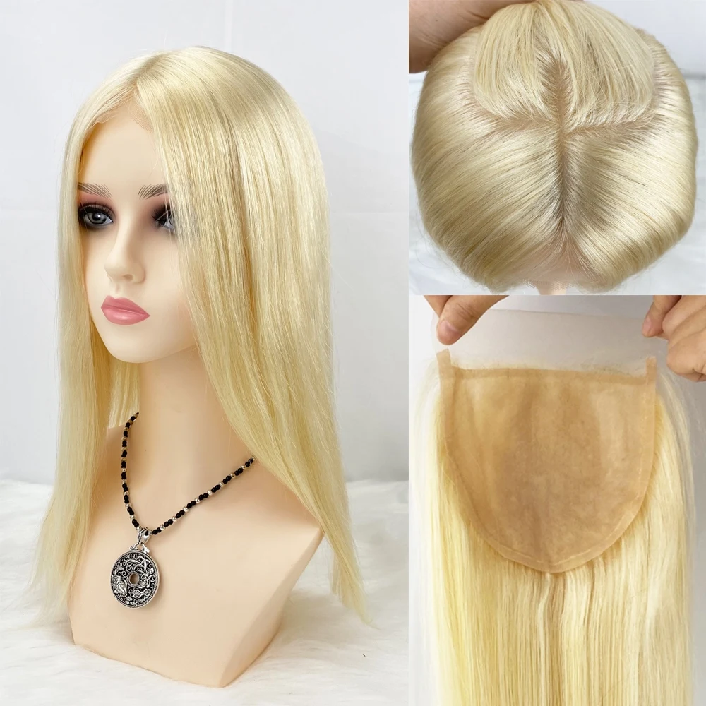Cierre de encaje superior de seda # Cierre de encaje de cabello humano con Base de piel de silicona rubia 613 con Clip de pelo de bebé en extensiones de cabello Remy Topper