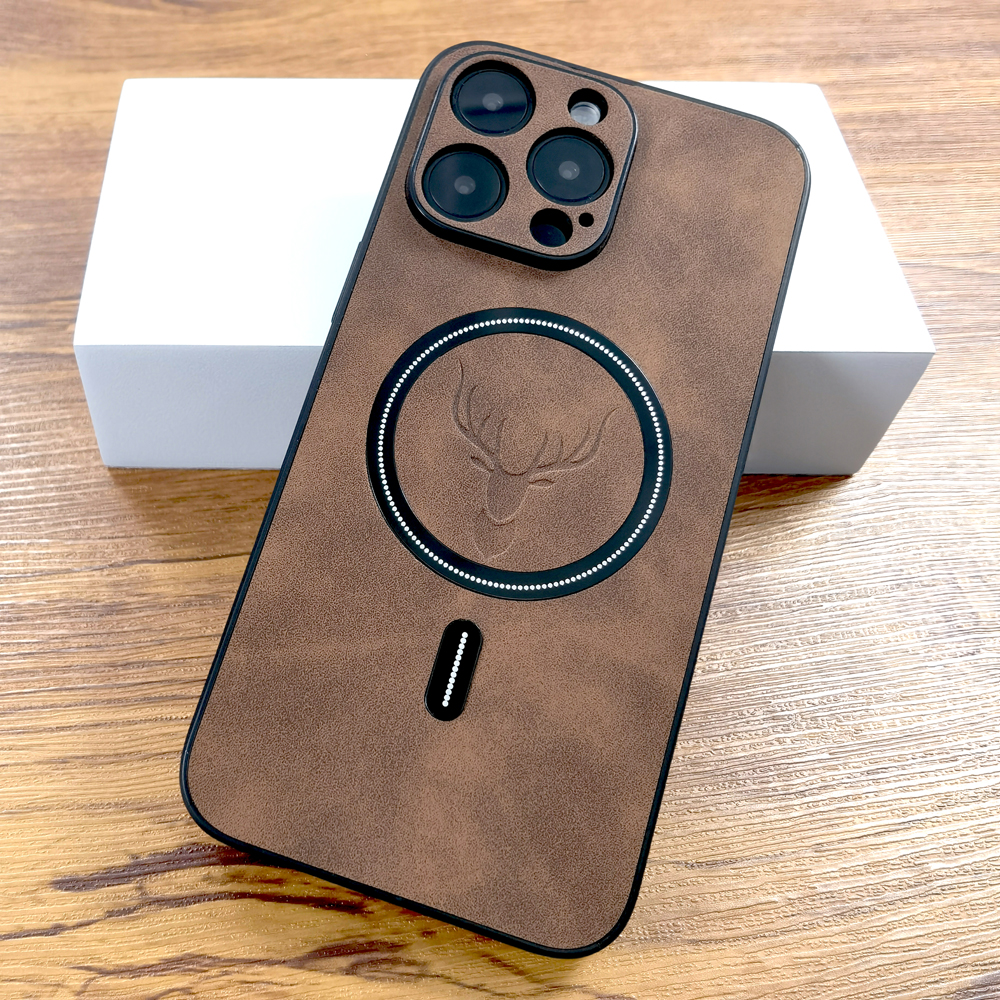 아이폰용 럭셔리 PU 가죽 사슴 케이스, 맥세이프 무선 충전 커버, 아이폰 16, 15, 14, 13, 12, 11 프로 맥스 플러스, 15 프로, 14 프로, 13 프로 맥스