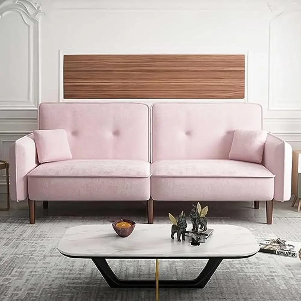 Modern Pink Velvet Convertible Sleeper Sofa Bed with Wood Legs and Memory Foam 75" Futon Loveseat Small Spaces and Studio