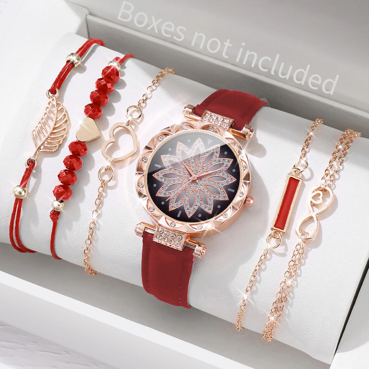 6 unids/set reloj de mujer con esfera de corazón a la moda, correa de cuero informal, reloj de cuarzo analógico, conjunto de pulseras de hojas (sin caja)