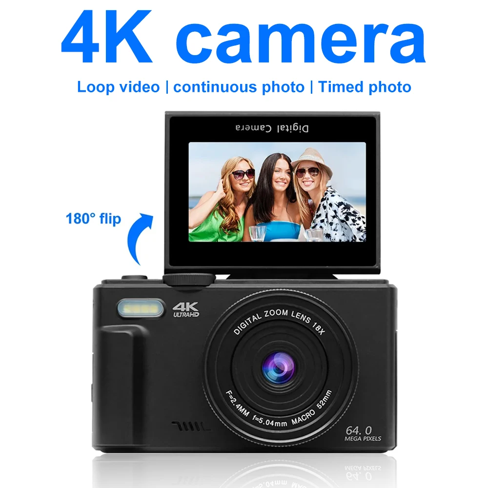 Cámara digital 4K para fotografía y cámara con zoom digital 18X Cámara compacta para vlogging de 64 MP 3'' 180 °   Pantalla abatible con Flash
