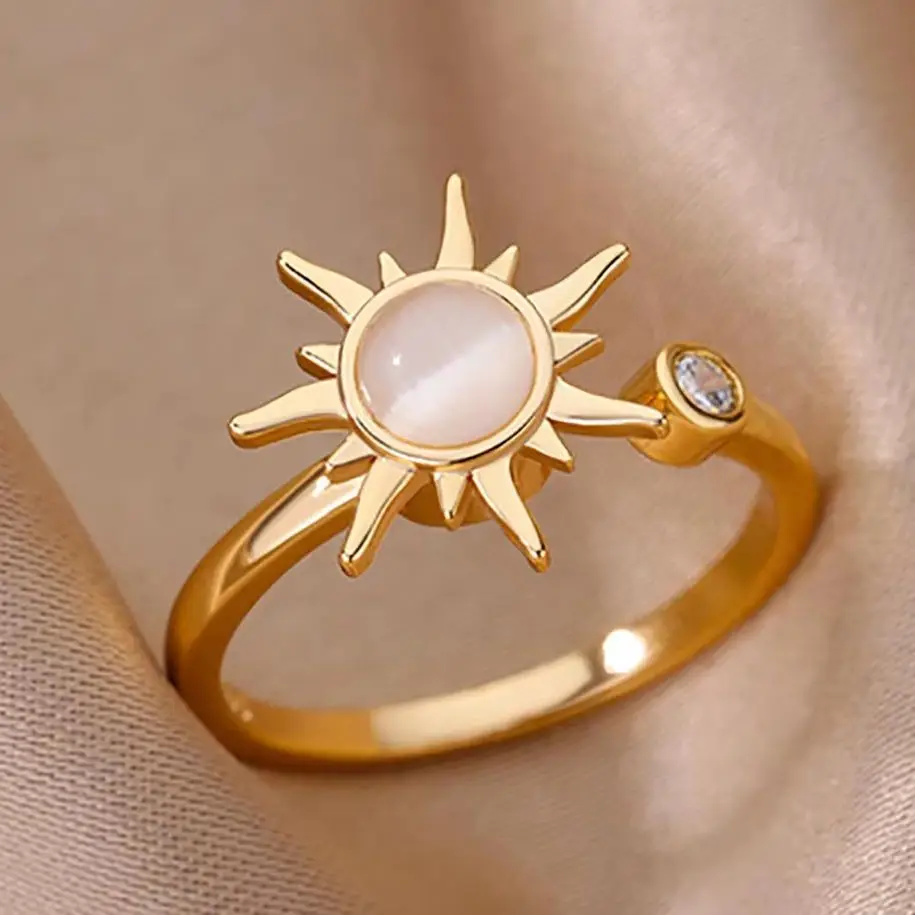 Anello rotante con opale solare per donna Fascino retrò in acciaio inossidabile Anelli aperti regolabili Gioielli per feste Regalo migliore amico Bijoux Femme